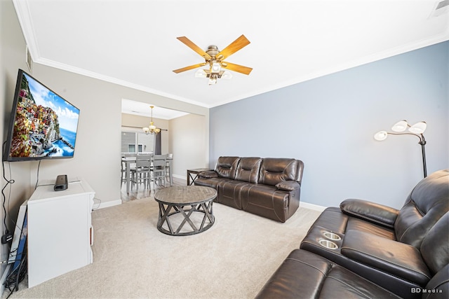 1754 Fieldstone Dr N, Shorewood, IL 60404 - carpeted living area featuring baseboards, a ceiling fan, and ornamental molding