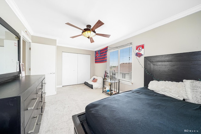 1754 Fieldstone Dr N, Shorewood, IL 60404 - bedroom with crown molding, light carpet, a closet, and a ceiling fan