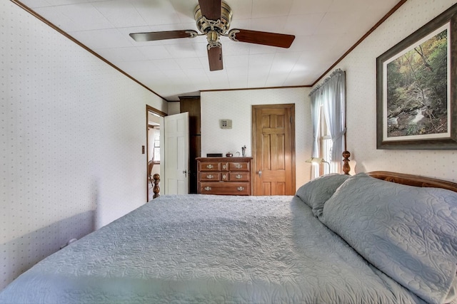266 S Warrington Rd, Des Plaines, IL 60016 - bedroom featuring ornamental molding, wallpapered walls, and a ceiling fan