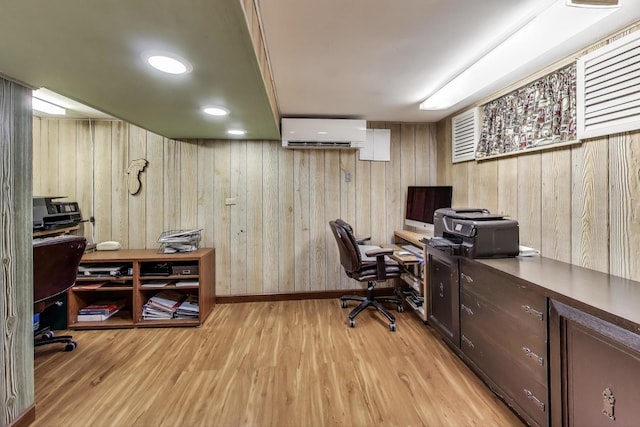 266 S Warrington Rd, Des Plaines, IL 60016 - office area featuring a wall mounted AC, light wood-type flooring, wooden walls, and baseboards