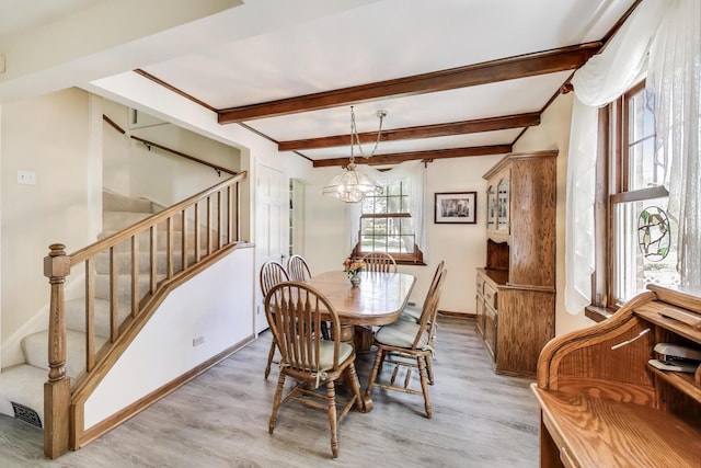 266 S Warrington Rd, Des Plaines, IL 60016 - dining space with a chandelier, light wood-style floors, stairway, baseboards, and beamed ceiling
