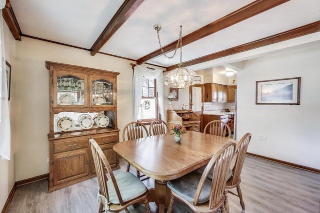 266 S Warrington Rd, Des Plaines, IL 60016 - dining space with beam ceiling, a chandelier, light wood-style floors, and baseboards