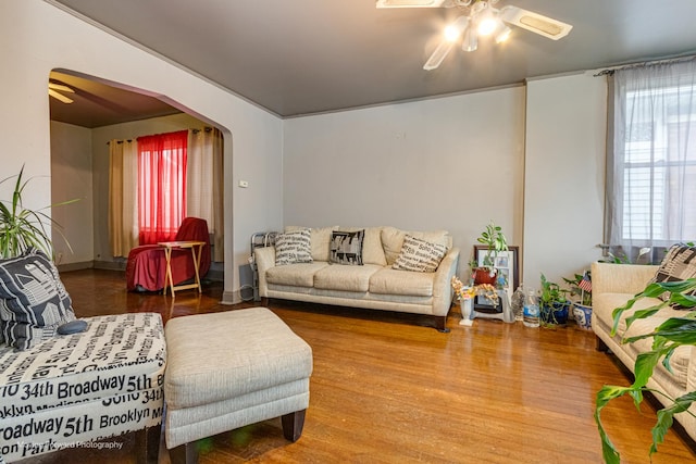 1508 N Massasoit Ave, Chicago, IL 60651 - living area with ceiling fan, wood finished floors, and arched walkways