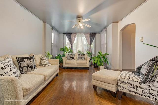 1508 N Massasoit Ave, Chicago, IL 60651 - living room featuring a ceiling fan, arched walkways, and wood finished floors