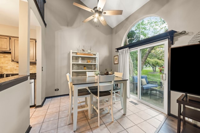 1322 Coldspring Rd, Carol Stream, IL 60188 - dining space featuring high vaulted ceiling, ceiling fan, and light tile patterned floors
