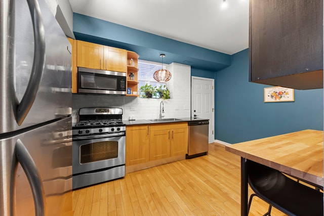 5054 N Troy St Unit 3, Chicago, IL 60625 - kitchen featuring appliances with stainless steel finishes, a sink, decorative backsplash, light wood finished floors, and open shelves
