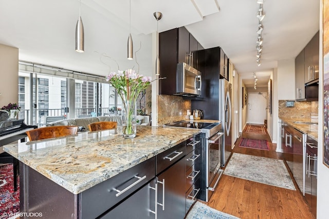 71 E Division St Unit 1606, Chicago, IL 60610 - kitchen with appliances with stainless steel finishes, dark wood-style flooring, track lighting, tasteful backsplash, and decorative light fixtures