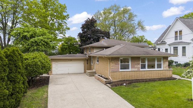 1134 N Dunton Ave, Arlington Heights, IL 60004 - view of front of property with concrete driveway, an attached garage, stone siding, a front yard, and a chimney