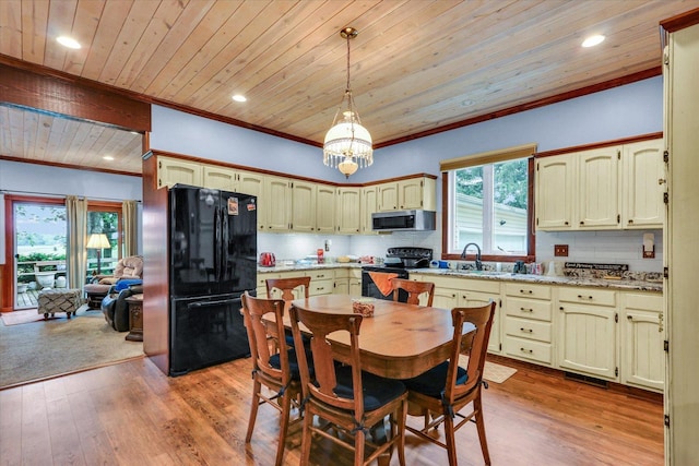 2385 County Road 1550, Saint Joseph, IL 61873 - kitchen featuring black appliances, crown molding, wooden ceiling, tasteful backsplash, and decorative light fixtures