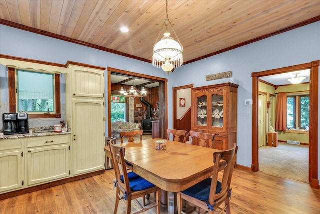 2385 County Road 1550, Saint Joseph, IL 61873 - dining room featuring a chandelier, ornamental molding, light wood-style floors, a wood stove, and wooden ceiling
