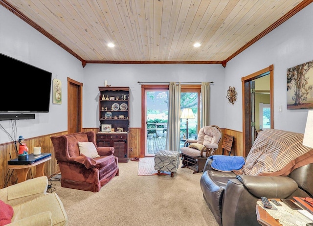 2385 County Road 1550, Saint Joseph, IL 61873 - living area featuring wooden walls, a wainscoted wall, carpet floors, ornamental molding, and wood ceiling