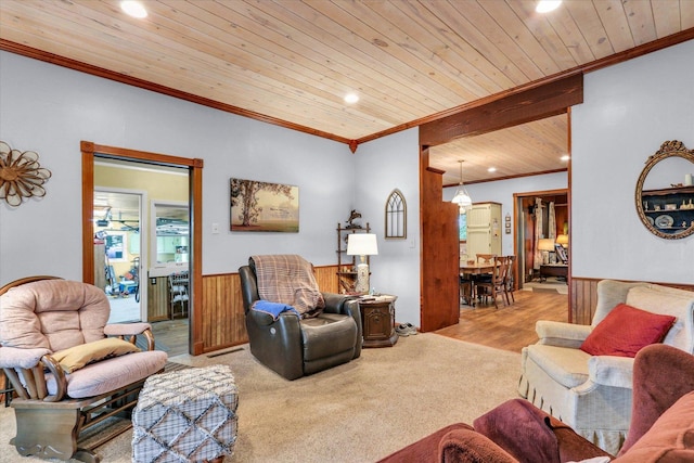 2385 County Road 1550, Saint Joseph, IL 61873 - living room featuring wooden ceiling, recessed lighting, a wainscoted wall, and ornamental molding