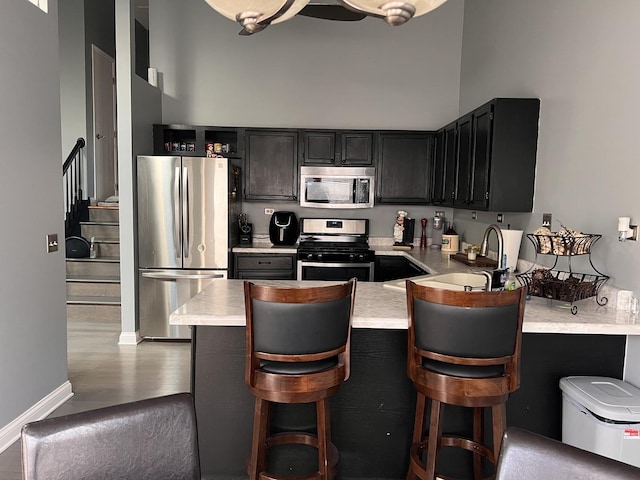 900 Windstone Ct, Lake In The Hills, IL 60156 - kitchen featuring stainless steel appliances, a towering ceiling, light countertops, a peninsula, and dark cabinets