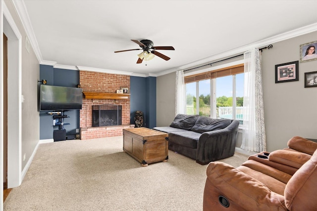 25516 W Gateway Cir, Plainfield, IL 60585 - carpeted living room with a ceiling fan, crown molding, a brick fireplace, and baseboards