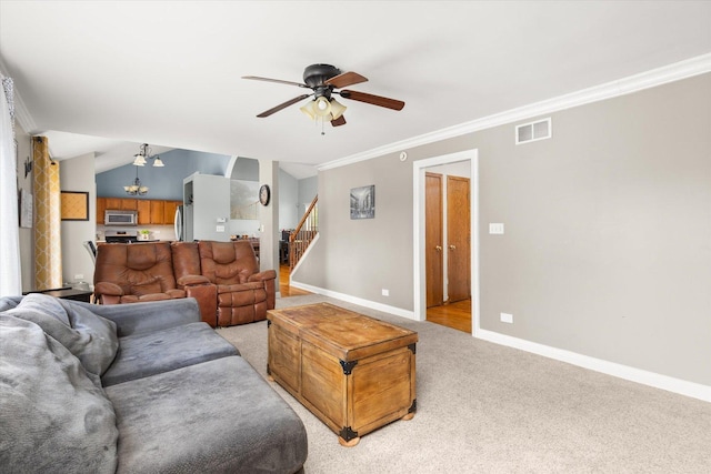 25516 W Gateway Cir, Plainfield, IL 60585 - living room with a ceiling fan, stairs, a chandelier, baseboards, and light colored carpet