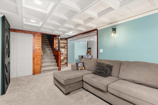 25516 W Gateway Cir, Plainfield, IL 60585 - living area with wood walls, stairway, light carpet, and coffered ceiling