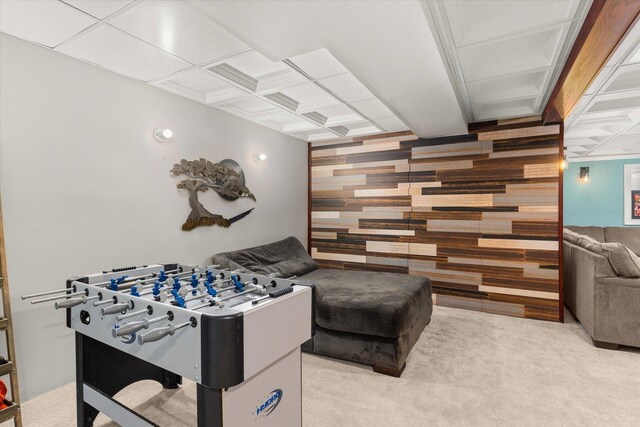 25516 W Gateway Cir, Plainfield, IL 60585 - playroom featuring coffered ceiling, light colored carpet, wood walls, and an accent wall