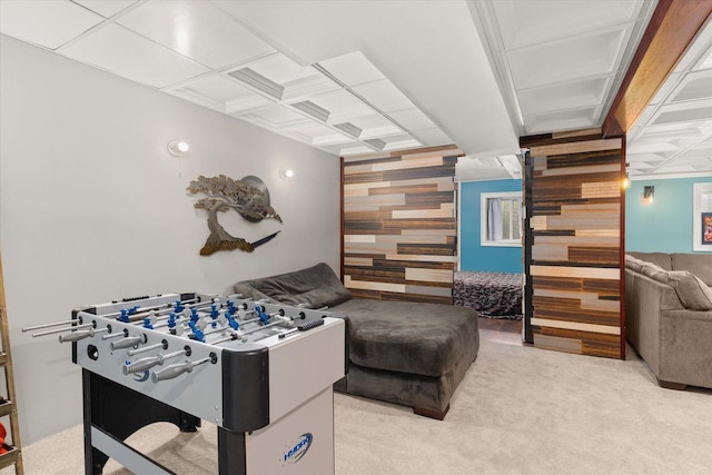 25516 W Gateway Cir, Plainfield, IL 60585 - rec room with coffered ceiling, an accent wall, light colored carpet, and wooden walls