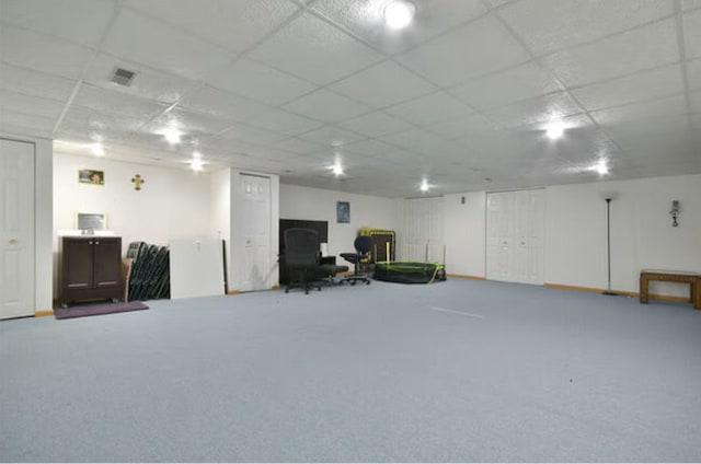 1557 Scottdale Cir, Wheaton, IL 60189 - basement featuring a paneled ceiling, carpet flooring, and an office area