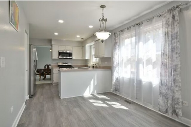 1557 Scottdale Cir, Wheaton, IL 60189 - kitchen with stainless steel appliances, wood finished floors, recessed lighting, a peninsula, and white cabinets