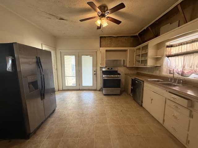 705 Campbell St, Joliet, IL 60435 - kitchen with stainless steel appliances, a textured ceiling, open shelves, a ceiling fan, and a sink