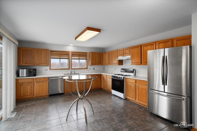 2355 Avalon Ct, Aurora, IL 60503 - kitchen with appliances with stainless steel finishes, under cabinet range hood, light countertops, a sink, and brown cabinets