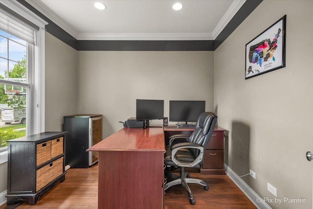 195 E Clover Ave, Cortland, IL 60112 - office featuring crown molding, wood finished floors, baseboards, and recessed lighting