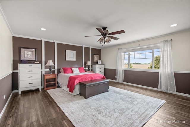 195 E Clover Ave, Cortland, IL 60112 - bedroom featuring crown molding, dark wood finished floors, baseboards, recessed lighting, and ceiling fan