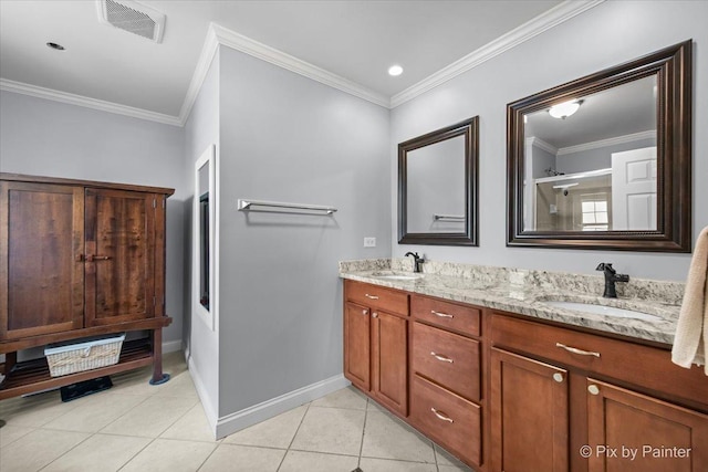 195 E Clover Ave, Cortland, IL 60112 - full bathroom featuring double vanity, baseboards, tile patterned flooring, ornamental molding, and a shower with shower door