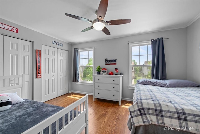195 E Clover Ave, Cortland, IL 60112 - bedroom with multiple closets, wood finished floors, crown molding, baseboards, and ceiling fan
