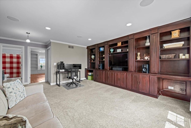 195 E Clover Ave, Cortland, IL 60112 - living room with a desk, light carpet, baseboards, crown molding, and recessed lighting