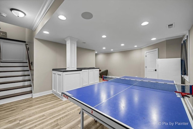 195 E Clover Ave, Cortland, IL 60112 - playroom with light wood-style floors, ornamental molding, recessed lighting, and baseboards