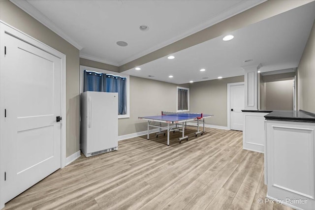 195 E Clover Ave, Cortland, IL 60112 - rec room featuring ornamental molding, baseboards, light wood-style flooring, and recessed lighting