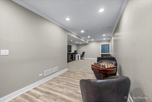 195 E Clover Ave, Cortland, IL 60112 - sitting room featuring crown molding, recessed lighting, baseboards, light wood finished floors, and an office area