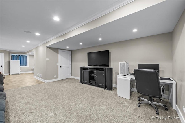 195 E Clover Ave, Cortland, IL 60112 - carpeted office with crown molding, baseboards, and recessed lighting