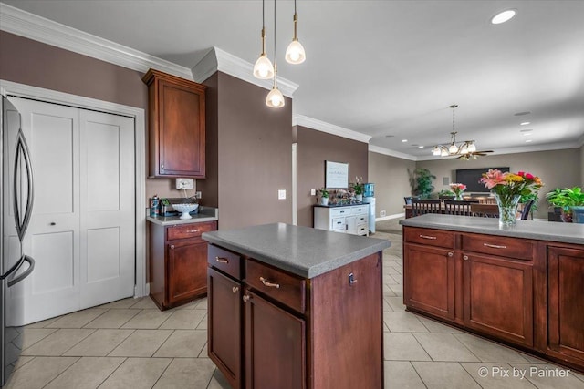 195 E Clover Ave, Cortland, IL 60112 - kitchen with stainless steel fridge, light tile patterned floors, recessed lighting, pendant lighting, and crown molding
