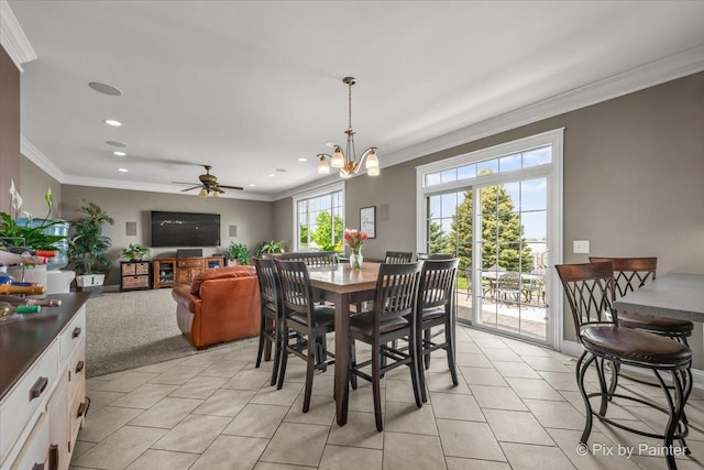 195 E Clover Ave, Cortland, IL 60112 - dining area with ornamental molding, a ceiling fan, a chandelier, recessed lighting, and light tile patterned flooring