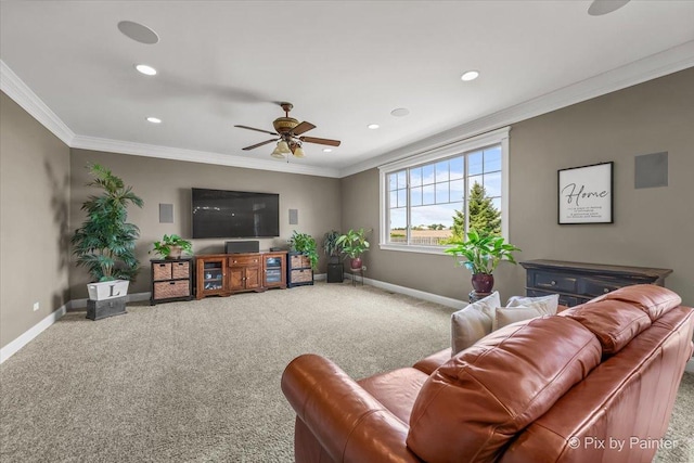 195 E Clover Ave, Cortland, IL 60112 - living area featuring ceiling fan, baseboards, carpet, ornamental molding, and recessed lighting