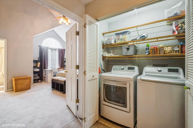 5932 N Sauganash Ln, Chicago, IL 60646 - laundry room featuring washer and clothes dryer, carpet, and a ceiling fan