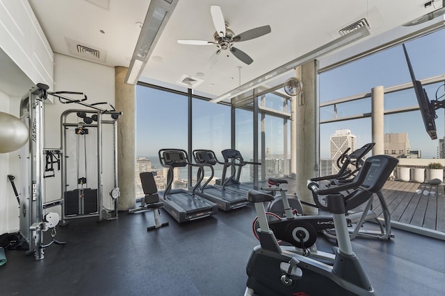 600 N Fairbanks Ct Unit 2503, Chicago, IL 60611 - gym featuring expansive windows, ceiling fan, and a city view