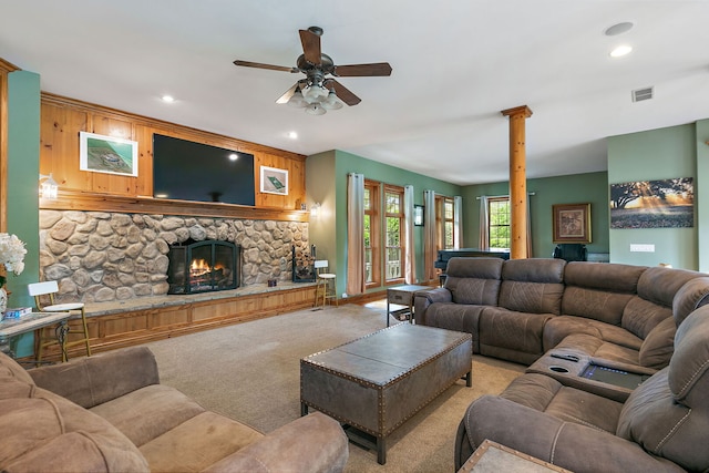 10731 Somonauk Rd, Hinckley, IL 60520 - living area featuring light carpet, a ceiling fan, recessed lighting, and a fireplace
