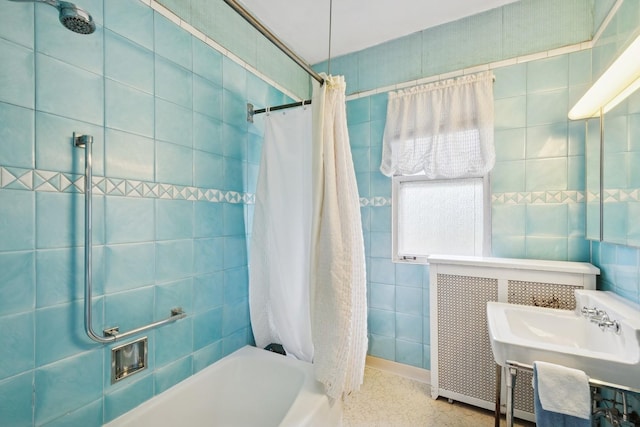 3622 N Avers Ave, Chicago, IL 60618 - full bathroom featuring shower / tub combo with curtain, tile walls, and speckled floor