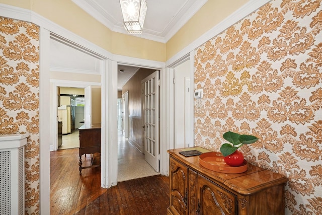 3622 N Avers Ave, Chicago, IL 60618 - hallway with wallpapered walls, dark wood-style floors, and crown molding