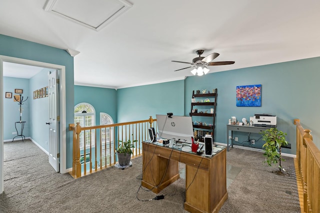 18120 Waterside Cir Unit 18120, Orland Park, IL 60467 - home office featuring carpet flooring, a ceiling fan, and attic access