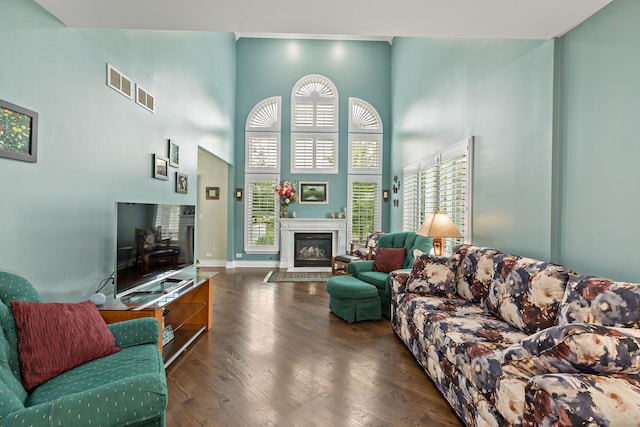18120 Waterside Cir Unit 18120, Orland Park, IL 60467 - living room featuring a high ceiling, a glass covered fireplace, and wood finished floors