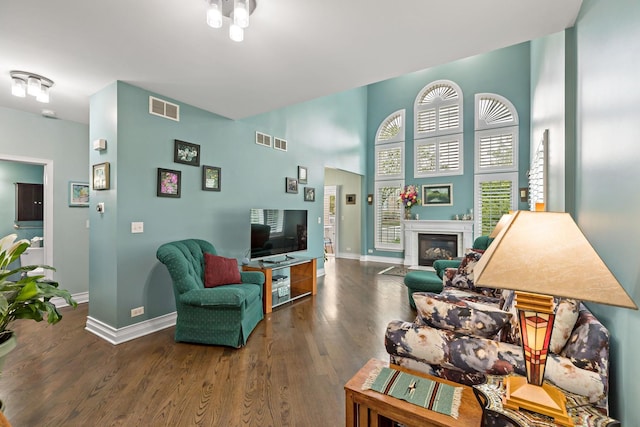 18120 Waterside Cir Unit 18120, Orland Park, IL 60467 - living room featuring a glass covered fireplace, wood finished floors, and a high ceiling