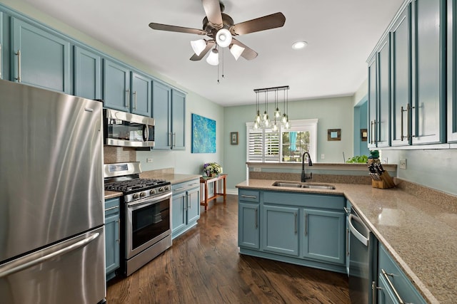 18120 Waterside Cir Unit 18120, Orland Park, IL 60467 - kitchen with appliances with stainless steel finishes, a peninsula, a ceiling fan, dark wood finished floors, and recessed lighting