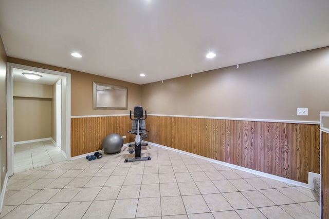 1068 Big Eagle Trl, Carol Stream, IL 60188 - workout room featuring a wainscoted wall, light tile patterned flooring, and wood walls