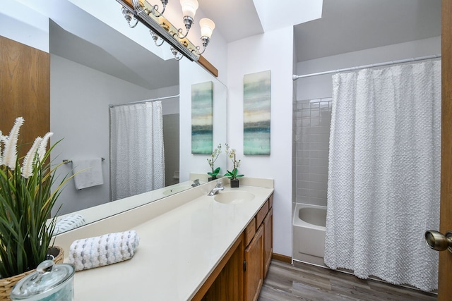 1068 Big Eagle Trl, Carol Stream, IL 60188 - bathroom with wood finished floors, vanity, shower / bathtub combination with curtain, and a chandelier