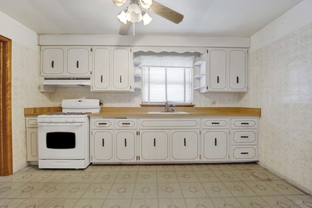 5548 S Kedvale Ave, Chicago, IL 60629 - kitchen with white range with gas cooktop, a sink, under cabinet range hood, open shelves, and light flooring